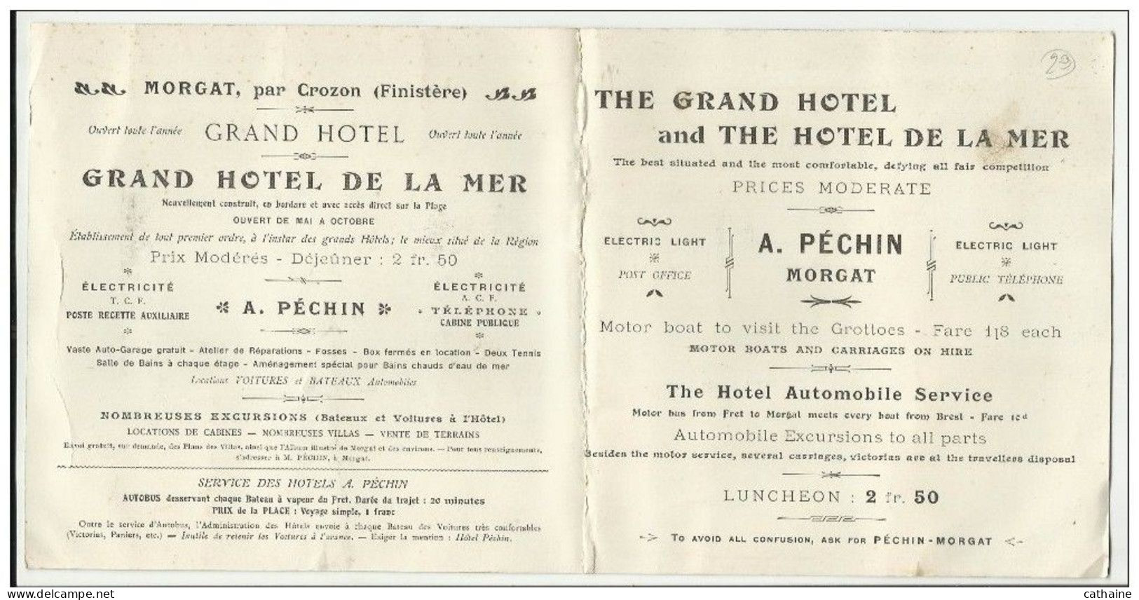 29 .MORGAT PANORAMA DE LA PLAGE . HOTEL DE LA MER ET LE GRAND HOTEL .  DOS PUBLICITE DU GRAND HOTEL " DIM . 28 X 14 CM " - Morgat