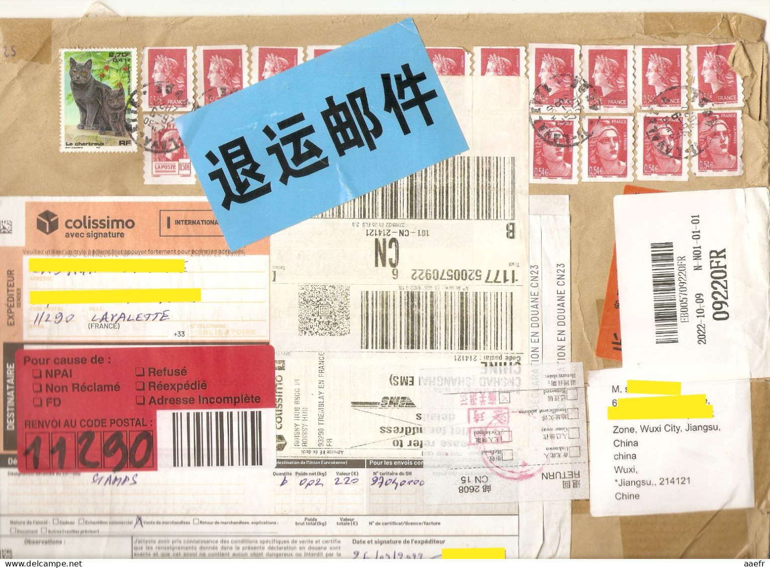 France/Chine/France - Long Voyage D'une Lettre - Du 26/09/22 Au 24/02/23 - Stickers Douane - Retour à L'expéditeur - Storia Postale