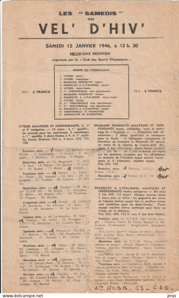 CYCLISME PROGAMME  VEL' D'HIV 12 Janvier 1946 - Programma's