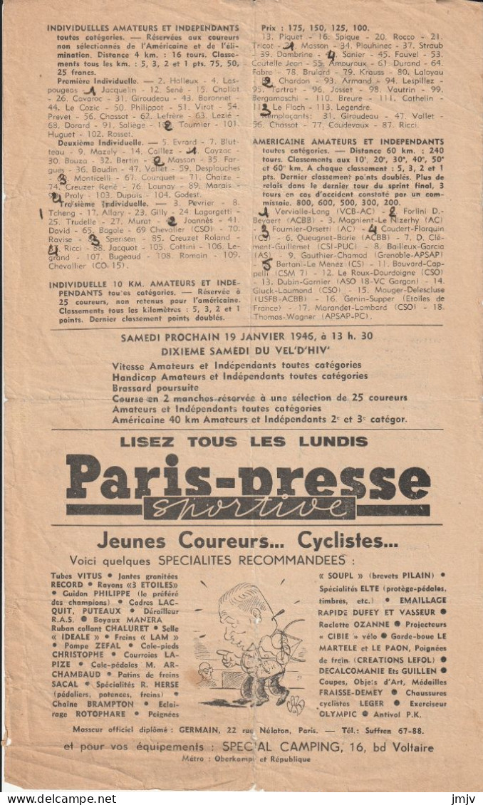 CYCLISME PROGAMME  VEL' D'HIV 12 Janvier 1946 - Programmes