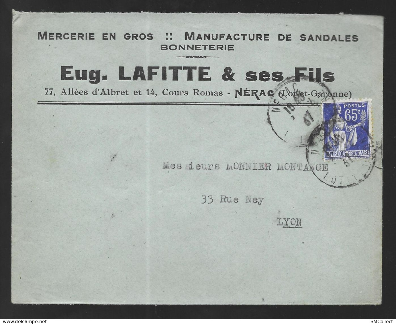 Nérac 1937. Enveloppe à En-tête De La Mercerie E. Lafitte & Ses Fils, Voyagée Vers Lyon (AS) - 1921-1960: Modern Period