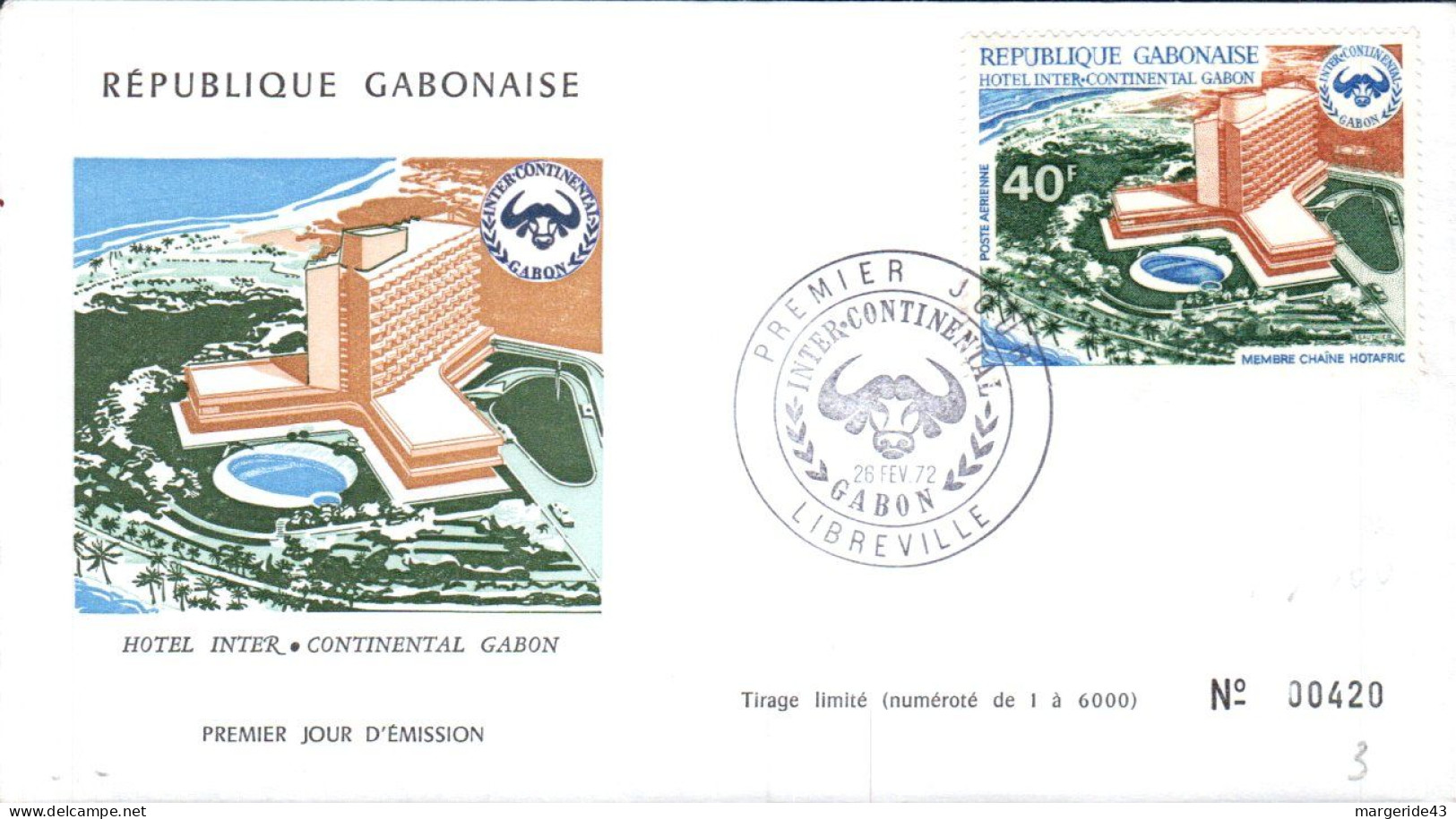 GABON FDC 1972 HOTEL INTERCONTINENTAL - Gabun (1960-...)