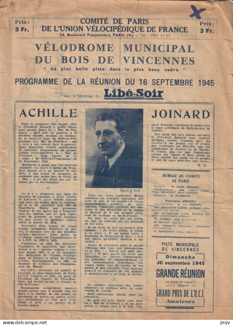 CYCLISME PROGAMME  VELODROME MUNICIPAL 16 9 1945 - Programmes