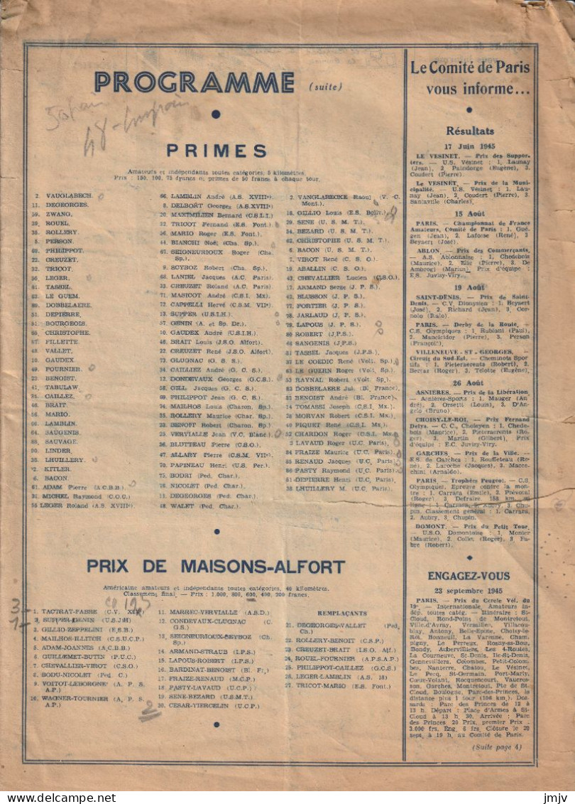 CYCLISME PROGAMME  VELODROME MUNICIPAL 16 9 1945 - Programme