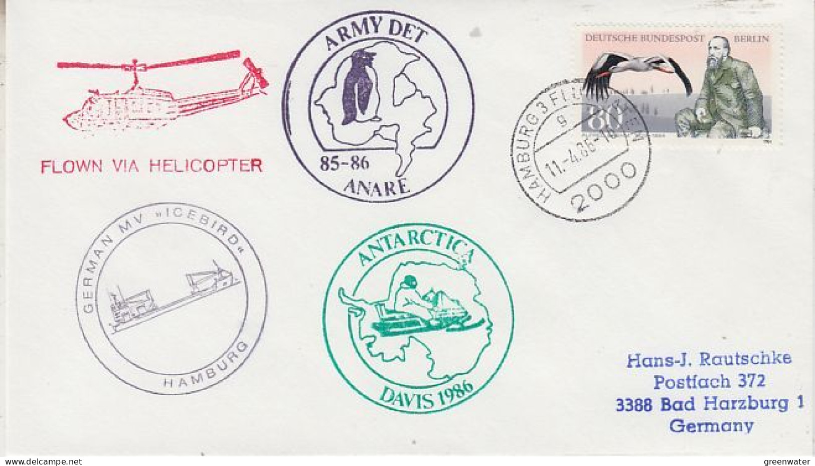 Germany Antarctica Ca Icebird, Army Det Anare, Davis Ca Hamburg 11.4.1986 (GS173A) - Spedizioni Antartiche