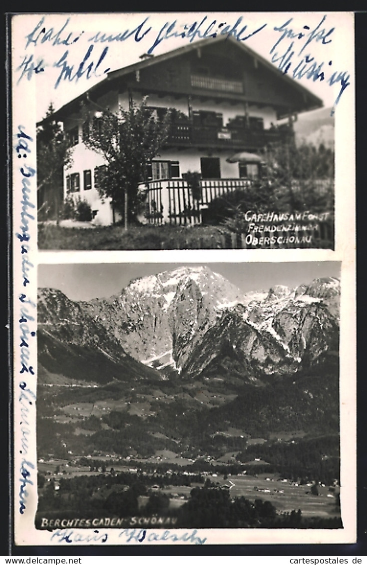 AK Berchtesgaden-Schönau, Café Und Gasthaus Am Forst, Ortsansicht Gegen Die Berge  - Berchtesgaden