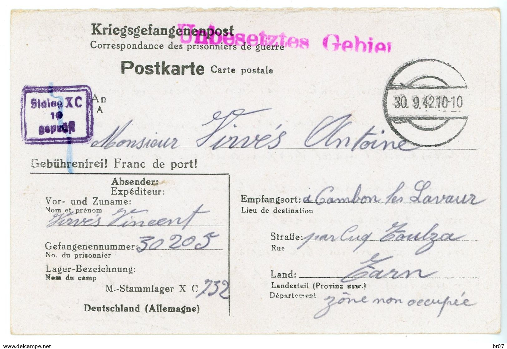 CPFM PRISONNIER STALAG XC = NIENBURG-WASER HAMBOURG 1942 => CUQ TOULZA TARN - 2. Weltkrieg 1939-1945