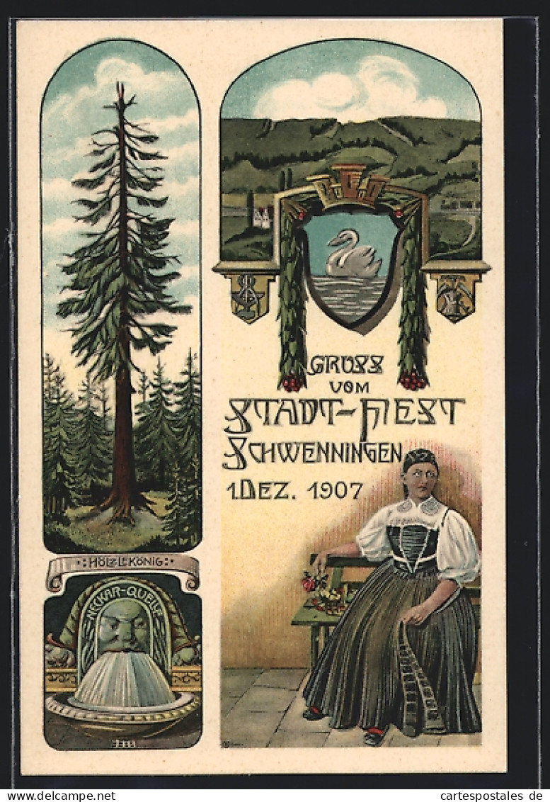 AK Villingen-Schwenningen, Stadtfest 1907, Hölzlekönig, Neckar-Quelle, Totalansicht  - Villingen - Schwenningen