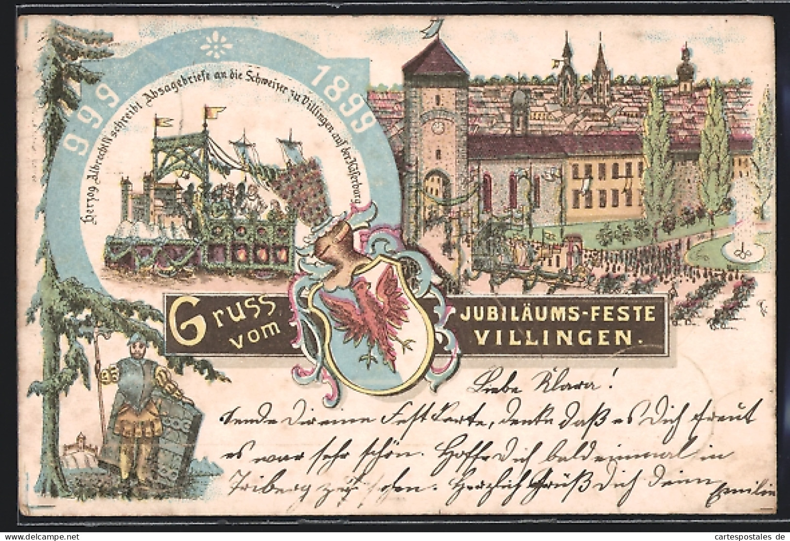 Lithographie Villingen / Baden, Jubiläums-Fest 1899, Herzog Albrecht Schreibt Absagebriefe An Die Schweizer  - Baden-Baden