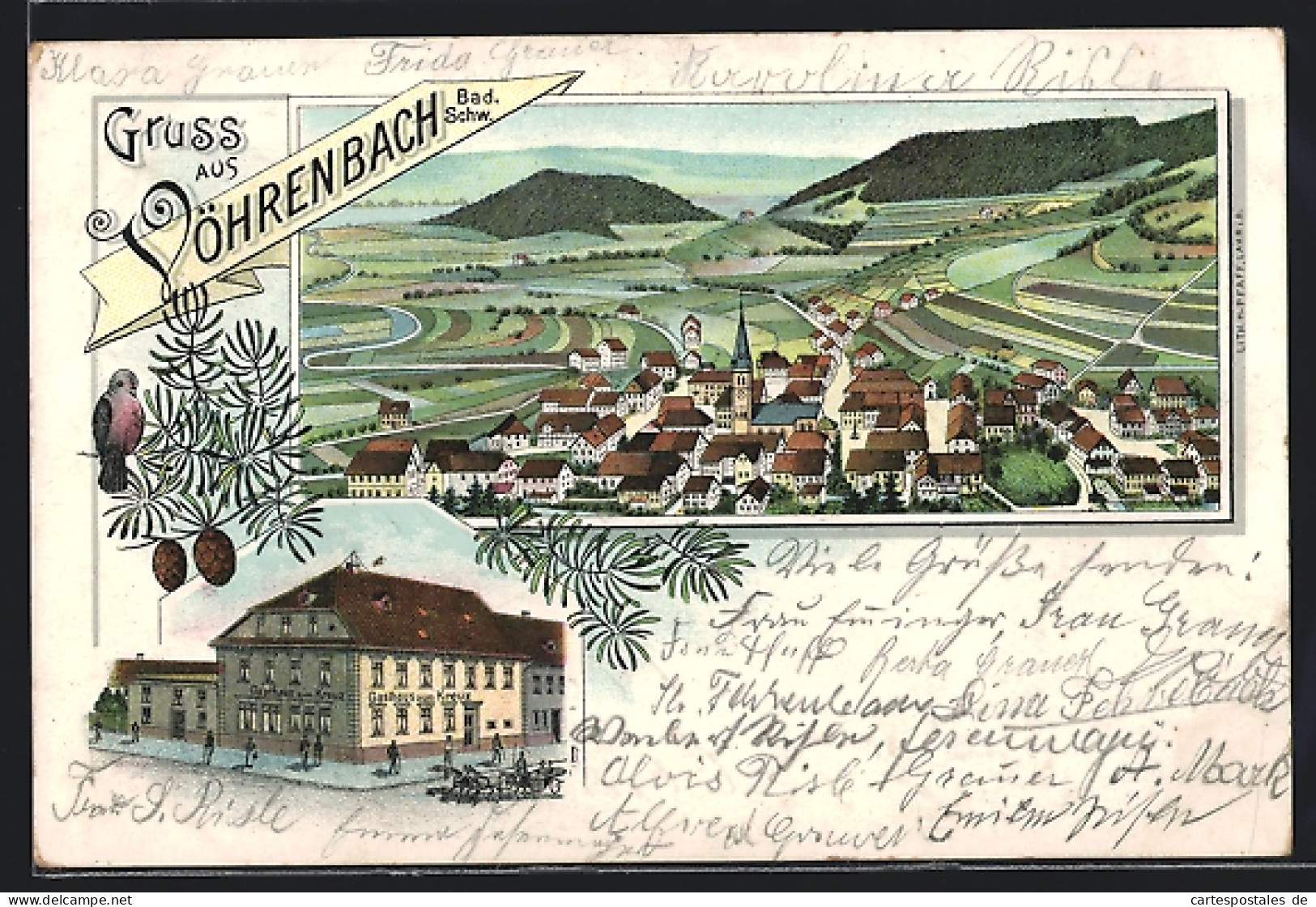 Lithographie Vöhrenbach /Bad. Schw., Gasthaus Zum Kreuz, Ortsansicht Aus Der Vogelschau  - Other & Unclassified