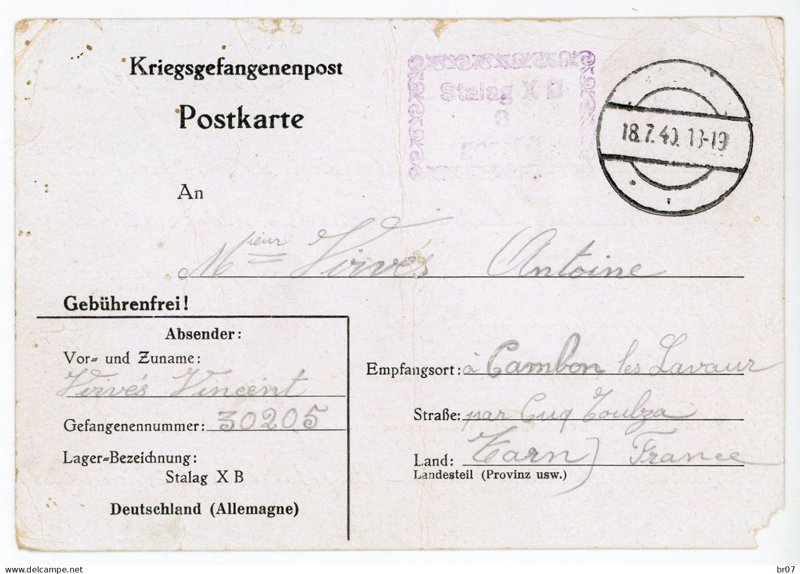 CPFM PRISONNIER STALAG XB = SANDSCLOSTEL HAMBOURG 1940 => CUQ TOULZA TARN (PETIT DFT COIN BAS DROIT) - 2. Weltkrieg 1939-1945
