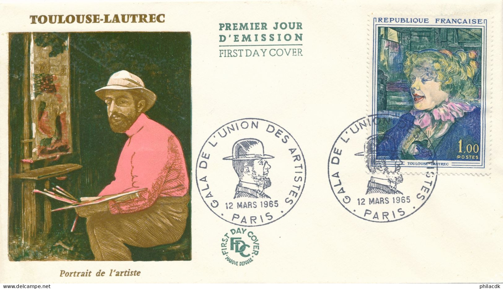 FRANCE - ENVELOPPE PREMIER JOUR TOULOUSE LAUTREC TABLEAU PORTRAIT DE L ARTISTE OBLITEREE PARIS DU 12 MARS 1965 - 1960-1969