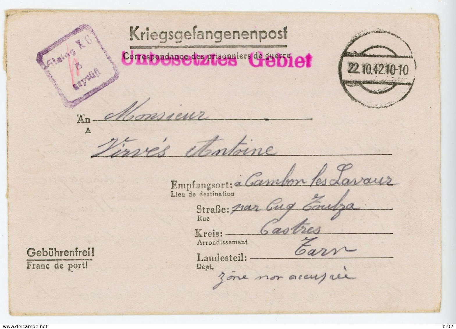 CLFM 1942 STALAG XC = NIENBURG-WASER HAMBURG PRISONNIER DE GUERRE LAC =>  CUQ TOUZLA TARN - 2. Weltkrieg 1939-1945