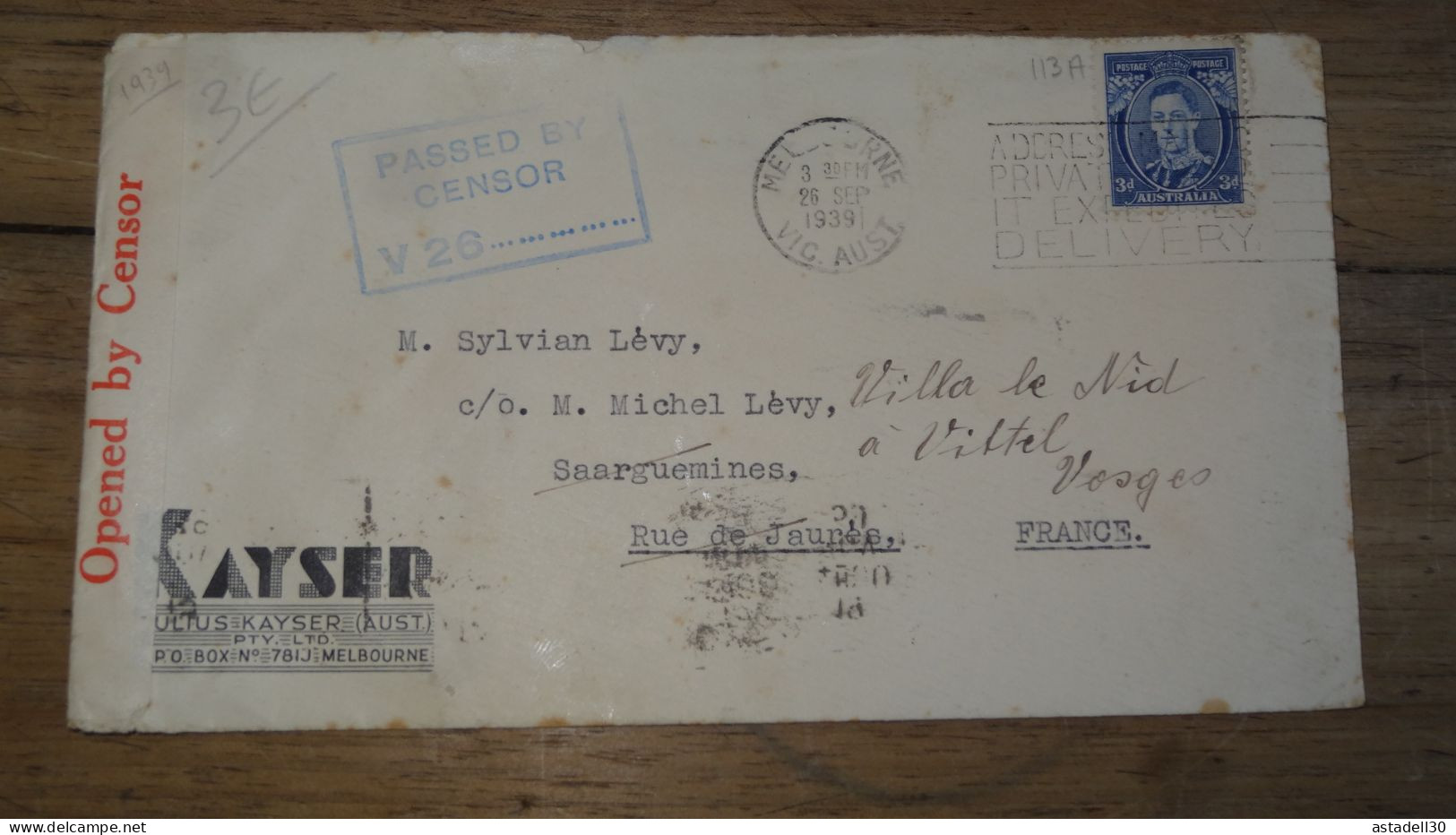 Enveloppe AUSTRALIA, Melbourne, Censure - 1939 ......... Boite1 ..... 240424-190 - Lettres & Documents