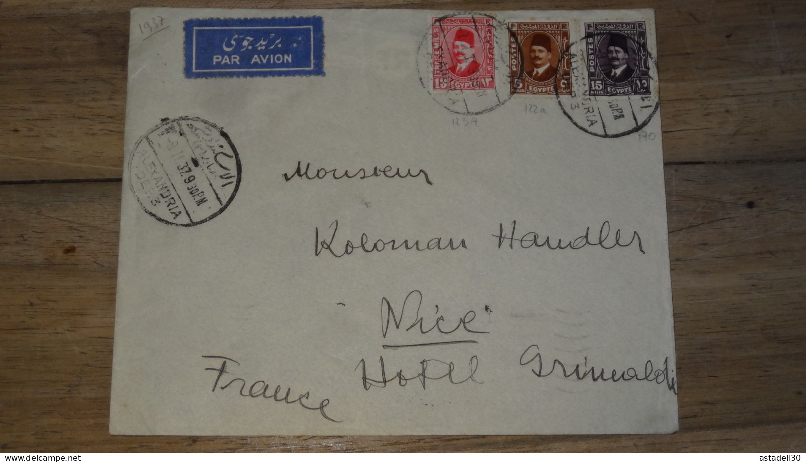 Enveloppe EGYPT, Avion, Alexandria - 1937 ......... Boite1 ..... 240424-191 - Brieven En Documenten