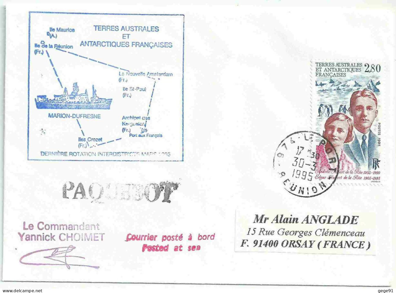 YT 198 Andrée Et Edgar Aubert De La Rüe - Paquebot - Dernière Rotation Du MD - Posté à Bord - Le Port - La Réunion - Briefe U. Dokumente