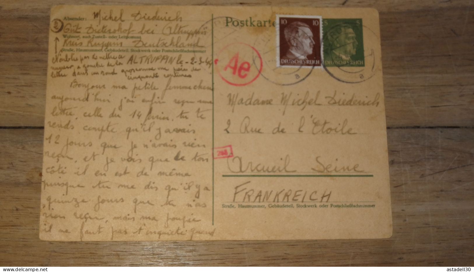 Entier Postal 5pf + Complement, DEUTSCHLAND, Altruppin 1944 ......... Boite1 ..... 240424-192 - Cartas & Documentos