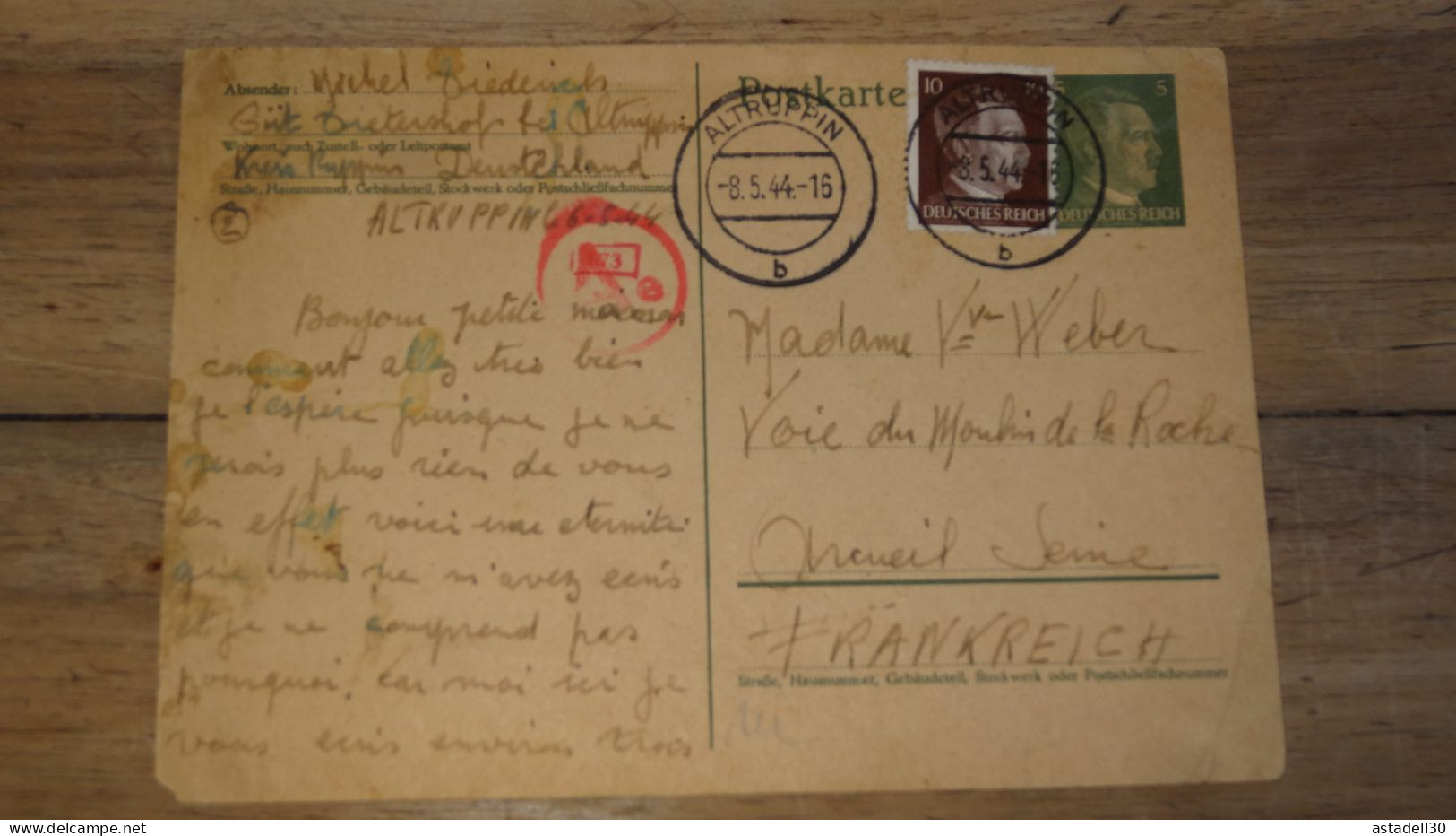Entier Postal 5pf + Complement, DEUTSCHLAND, Altruppin 1944 ......... Boite1 ..... 240424-193 - Cartas & Documentos