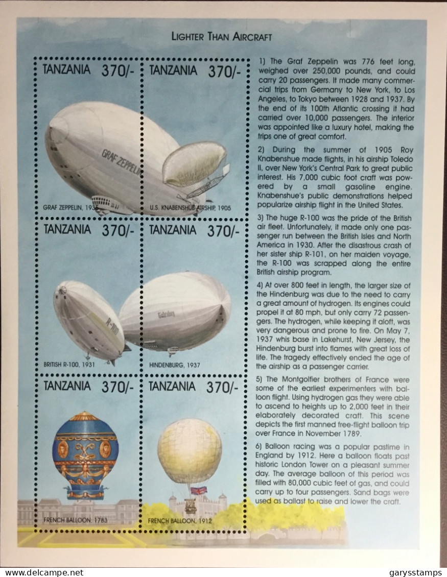 Tanzania 1999 Aviation History Balloons Zeppelin Sheetlet MNH - Tanzania (1964-...)