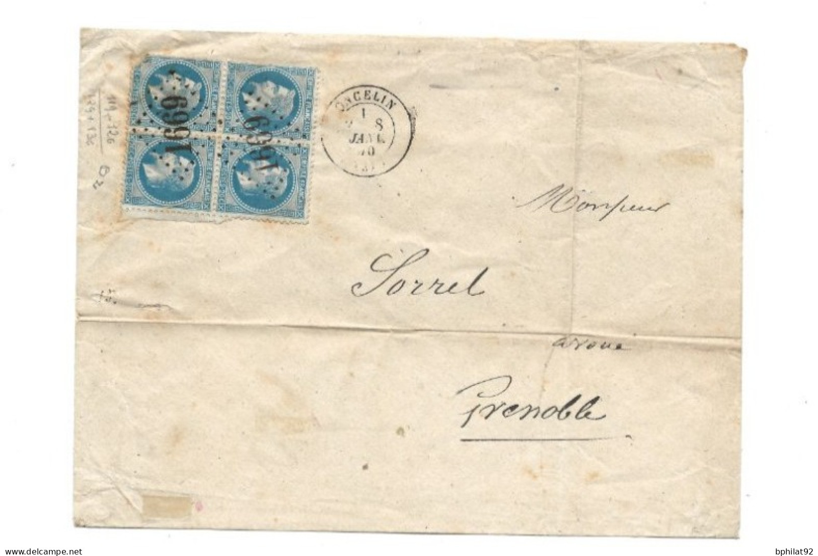 !!! FRANCE, LETTRE DE 1870 BEL AFFR. BLOC DE 4 NAPOLÉON  LAURÉ DE ONCELIN POUR GRENOBLE - 1849-1876: Période Classique