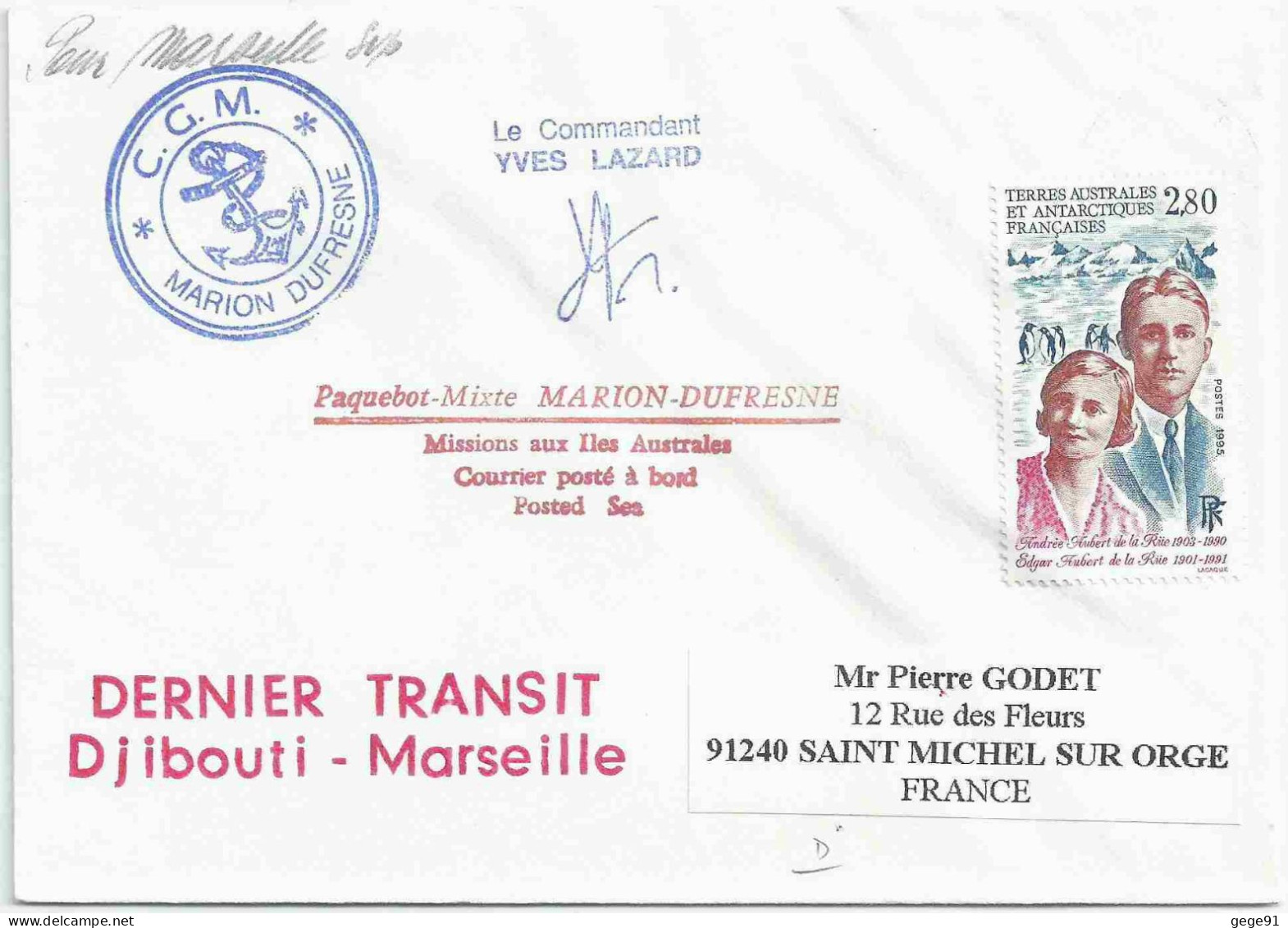YT 198 Andrée Et Edgar Aubert De La Rüe - Posté à Bord Du MD - Dernier Transit Djibouti Marseille - 22/06/1995 - Briefe U. Dokumente