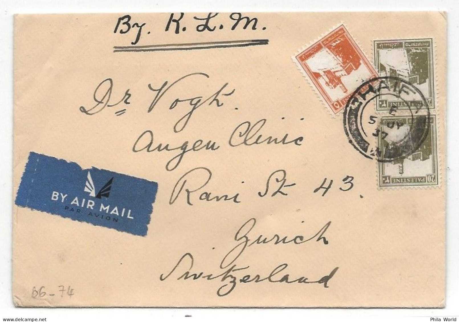 KLM 1937 PALESTINE HAIFA Air Mail Cover Par Avion Blue Label Airmail SWISS Switzerland ZURICH - Vliegtuigen