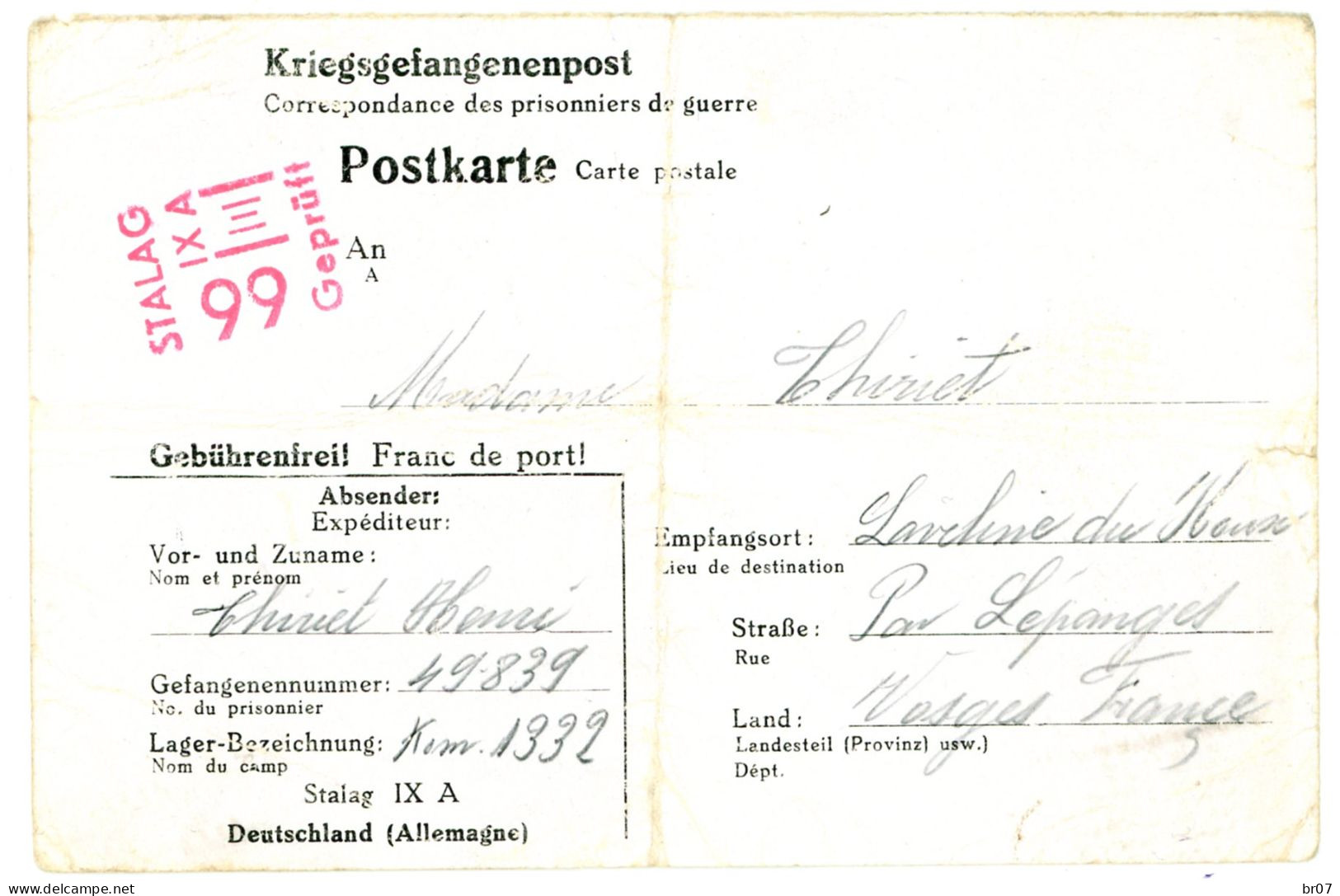 CAMP PRISONNIERS CPFM STALAG IXA = ZIEGENHAIN KASSEL 1941 - Guerre De 1939-45