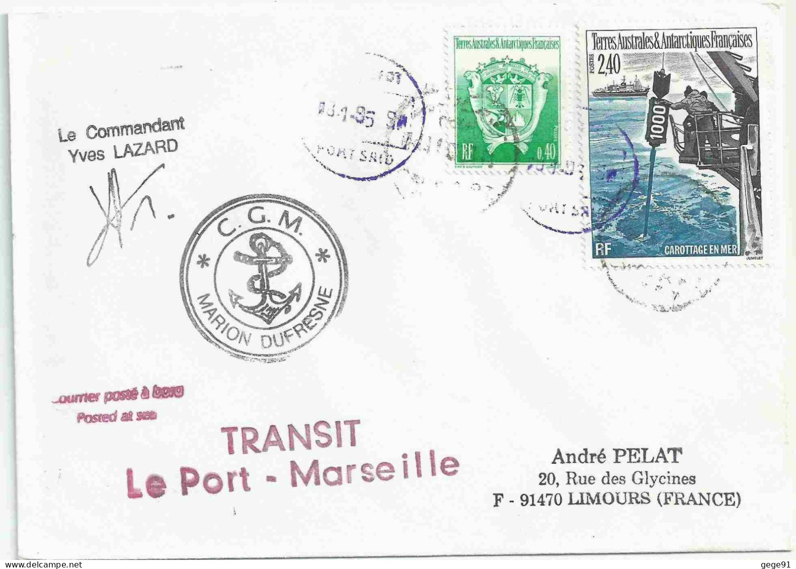 YT 187 Carottage En Mer - Posté à Bord Du MD - Paquebot - Transit Le Port Marseille - Escale à Port Saïd - 18/01/1995 - Lettres & Documents