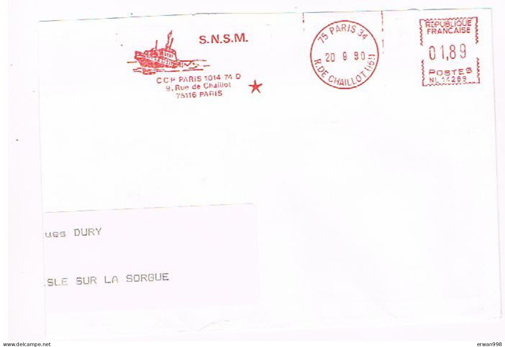 75 PARIS 34     - EMA Rouge Du 20/9/1990 S.N.S.M. (secours Maritime) Thème Bâteau  83 - Barcos