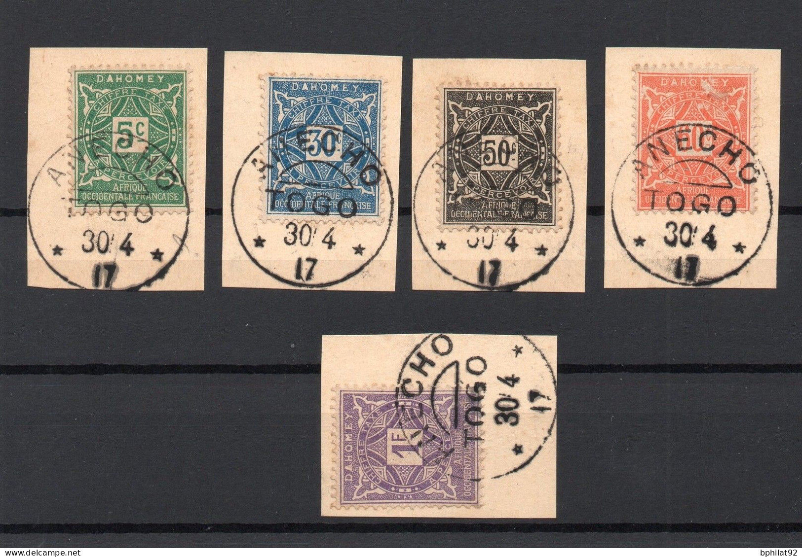 !!! 5 VALEURS TAXES DU DAHOMEY SUR FRAGMENT, CACHET ALLEMAND ANECHO - TOGO - Used Stamps