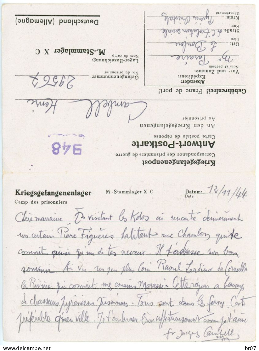 CAMP PRISONNIERS CPFM + REPONSE NEUVE STALAG XC=NIENBURG-WASER HAMBURG 1944 VOIE ANGLAISE FIN DE GUERRE - Oorlog 1939-45