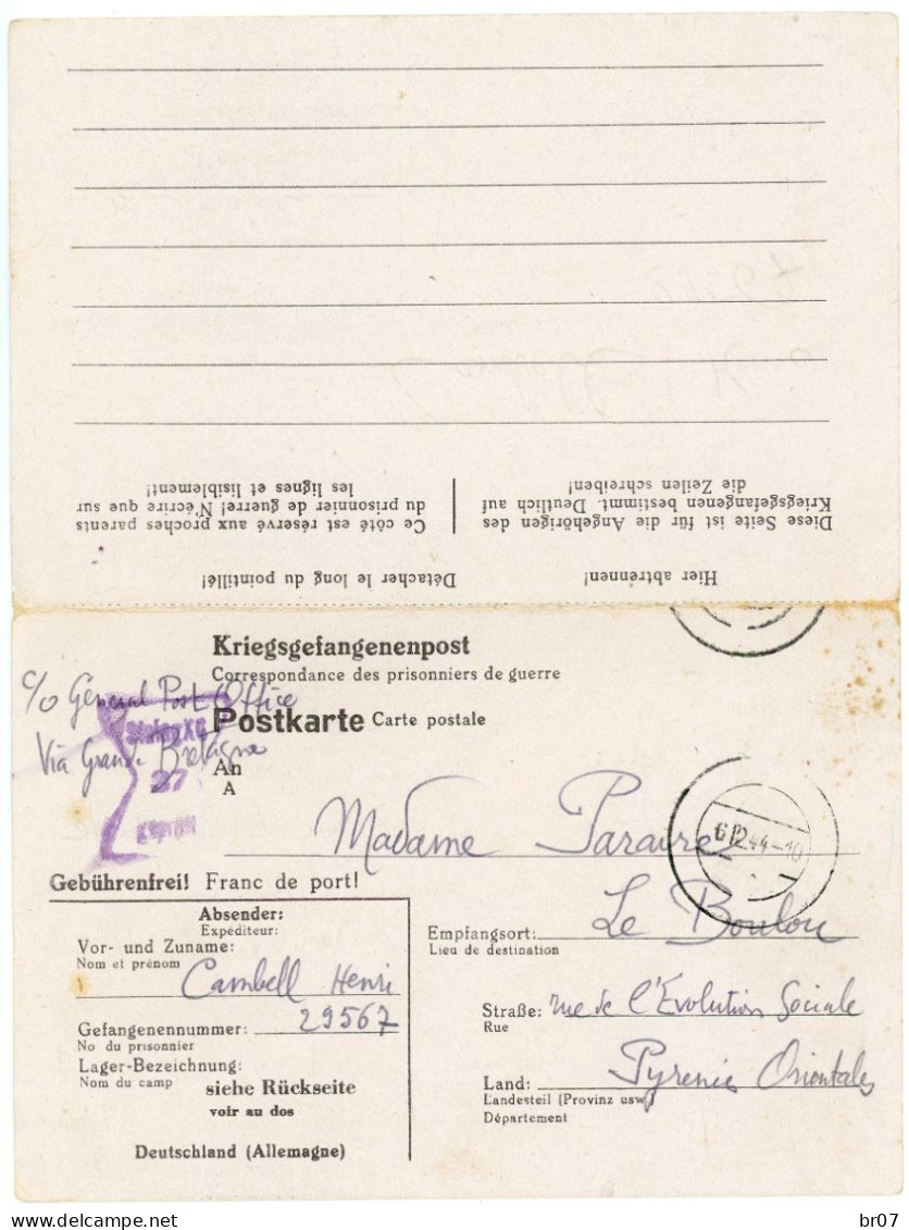 CAMP PRISONNIERS CPFM + REPONSE NEUVE STALAG XC=NIENBURG-WASER HAMBURG 1944 VOIE ANGLAISE FIN DE GUERRE - Guerre De 1939-45