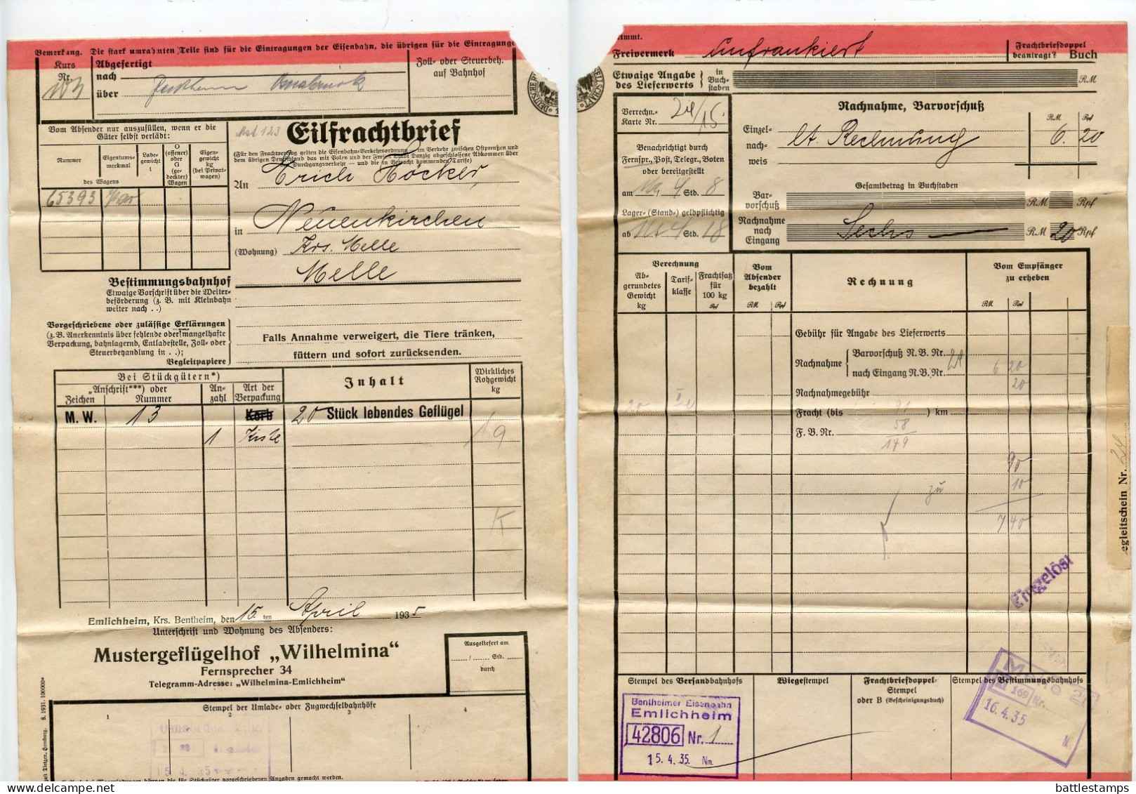 Germany 1935 Deutsche Reichsbahn-Gesellschaft Eilfrachtbrief (Express Waybill); Emlichheim To Melle - Briefe U. Dokumente
