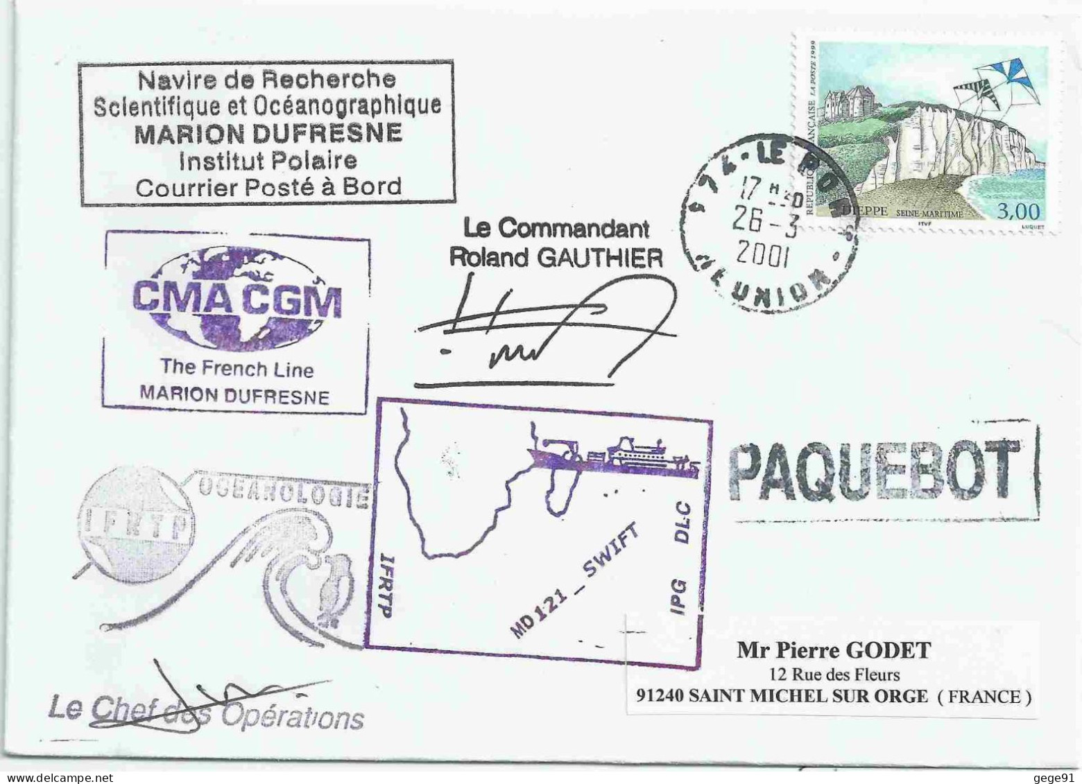 YT 3239 - Dieppe - Cerf Volant - Lettre Postée à Bord Du MD - Paquebot - Le Port - La Réunion - 26/03/2001 - Lettres & Documents