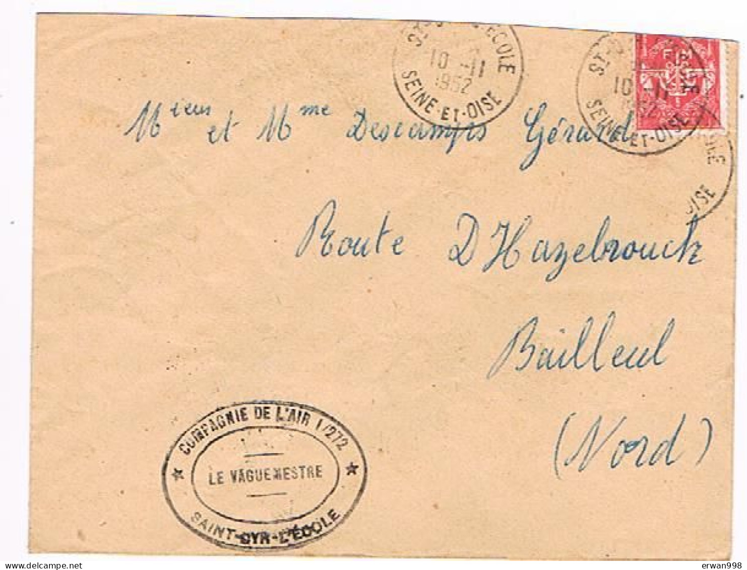 S/ YT FM12 (timbre Coupé) Cachet Du Vaguemestre De La Cie De L'air 1/272 - Saint Cyr L'école - Armée  (87) - Military Postmarks From 1900 (out Of Wars Periods)
