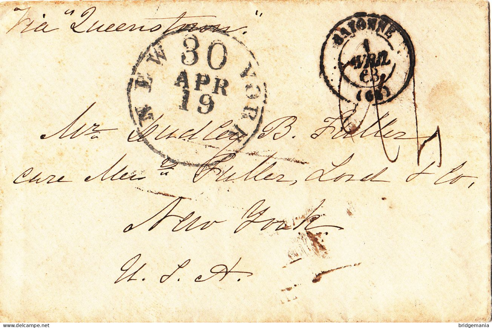 MTM144 - 1863 TRANSATLANTIC LETTER FRANCE TO USA Steamer ARABIA CUNARD - UNPAID 2 RATE - Poststempel