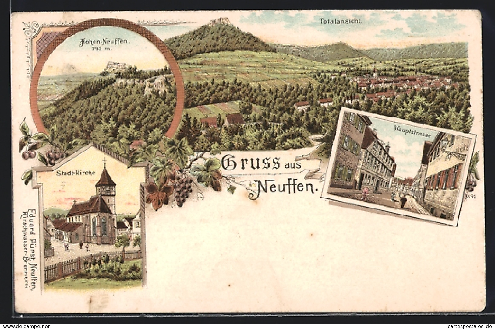 Lithographie Neuffen, Stadtkirche, Hauptstrasse, Totalansicht, Hohen-Neuffen  - Other & Unclassified