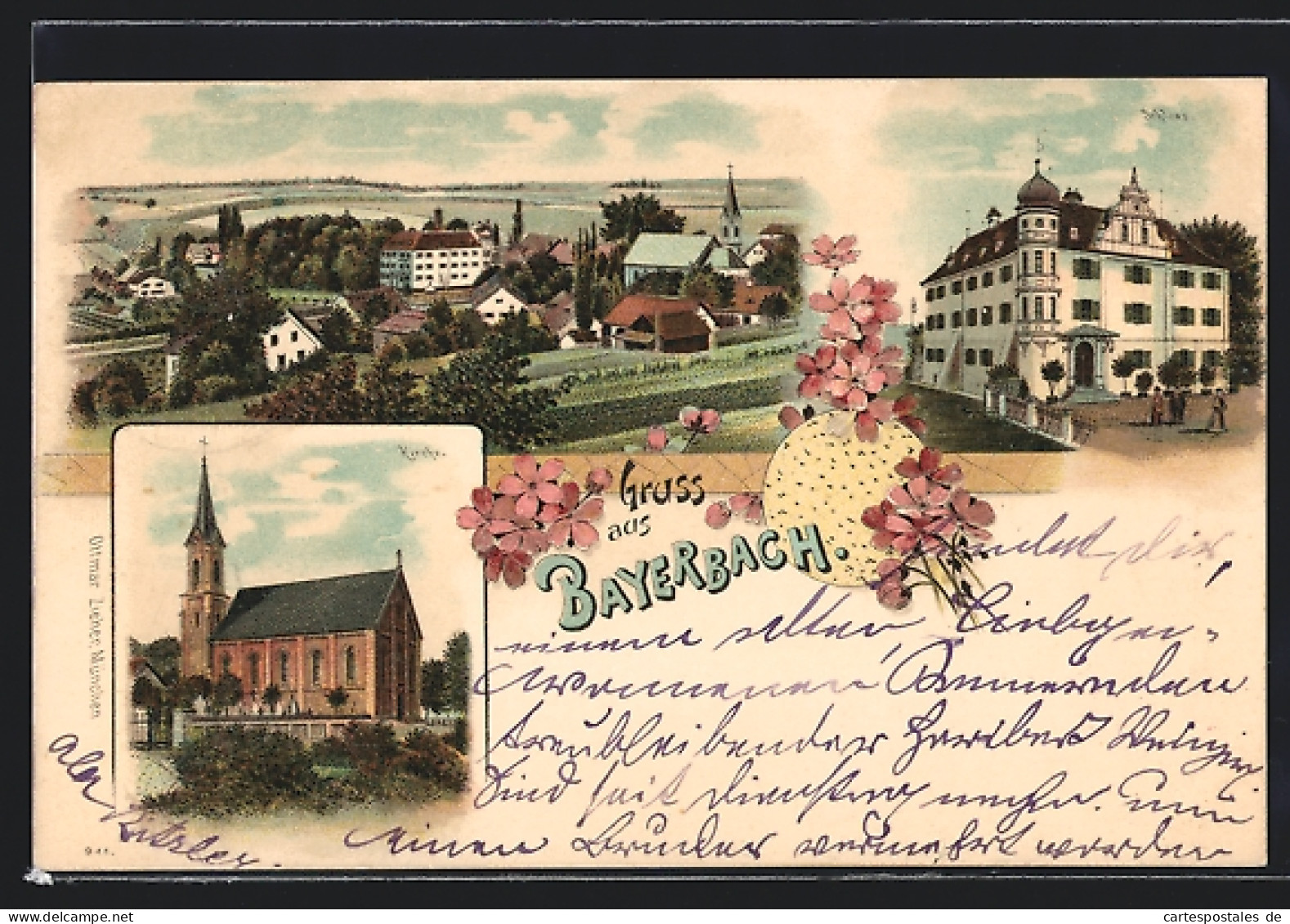 Lithographie Bayerbach / Ergoldsbach, Kirche, Schloss, Ortsansicht  - Other & Unclassified