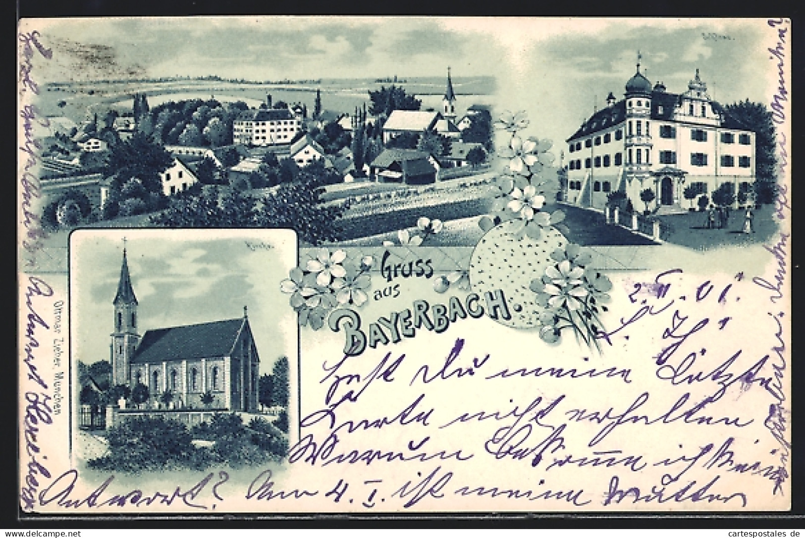 Lithographie Bayerbach / Ergoldsbach, Blick Zur Kirche, Besucher Am Schloss  - Other & Unclassified