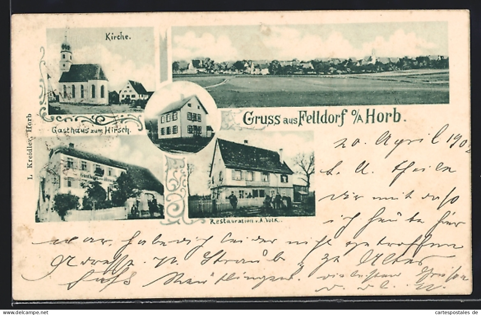AK Felldorf O/A Horb, Gasthaus Zum Hirsch, Restaurant Von A. Volk, Ortsansicht  - Horb