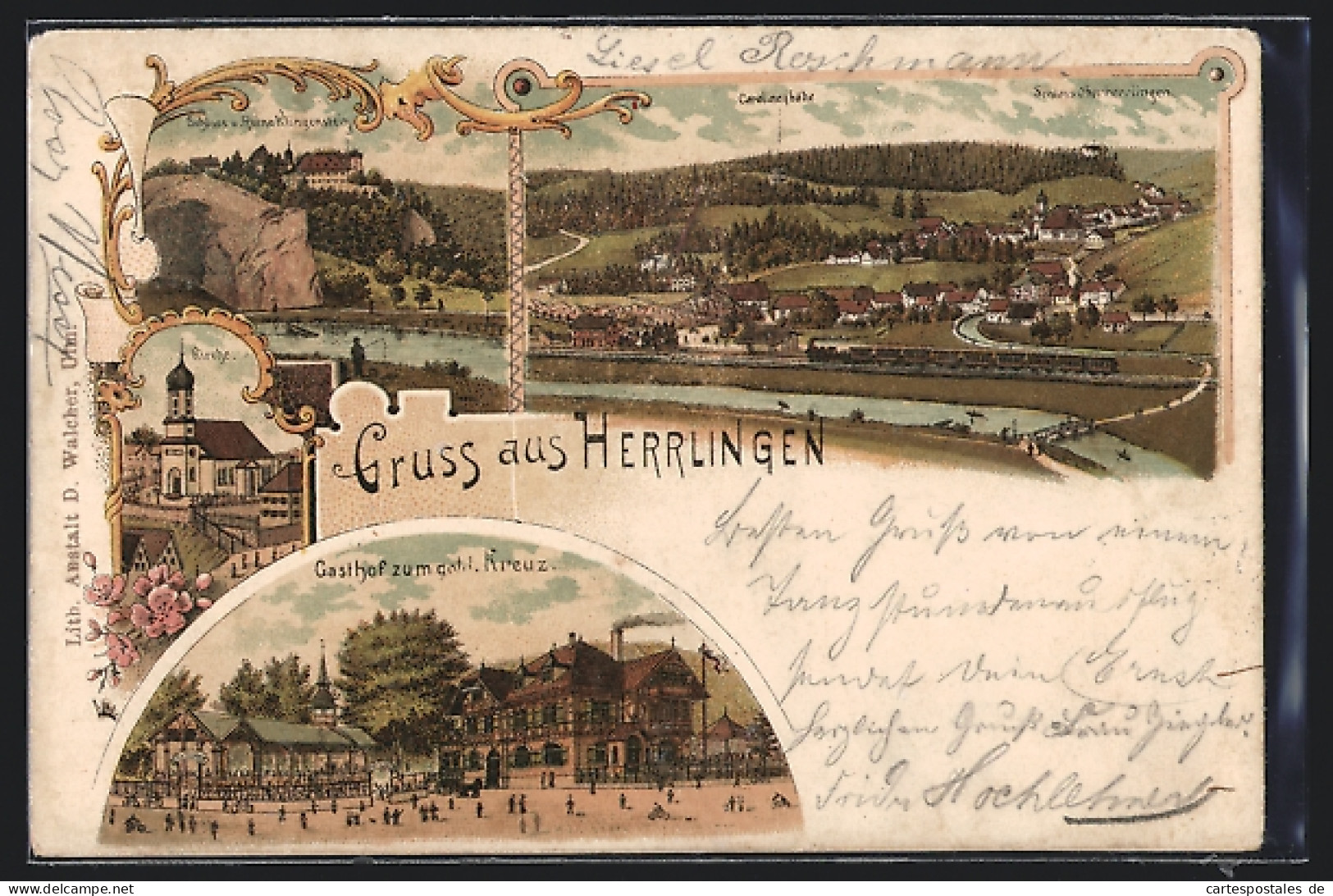 Lithographie Herrlingen, Gasthof Zum Goldenen Kreuz, Schloss Klingenstein, Panorama  - Autres & Non Classés