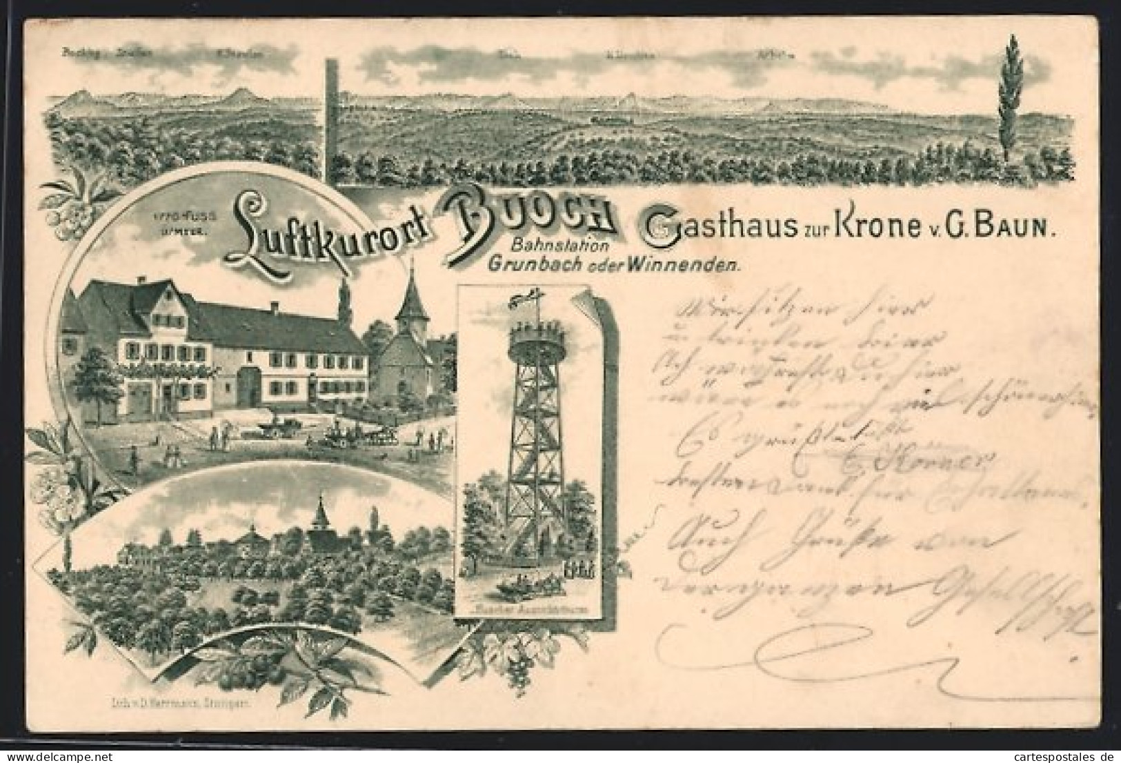 Lithographie Buoch, Gasthaus Zur Krone, Aussichtsturm, Panorama  - Other & Unclassified