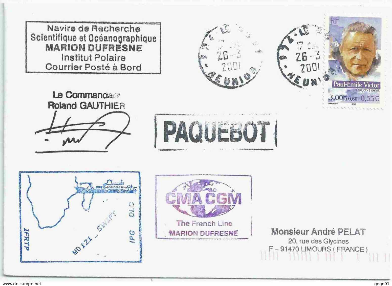 YT 3345 Paul Emile Victor - Lettre Postée à Bord Du MD - Paquebot - Le Port - La Réunion - 26/03/2001 - Cartas & Documentos