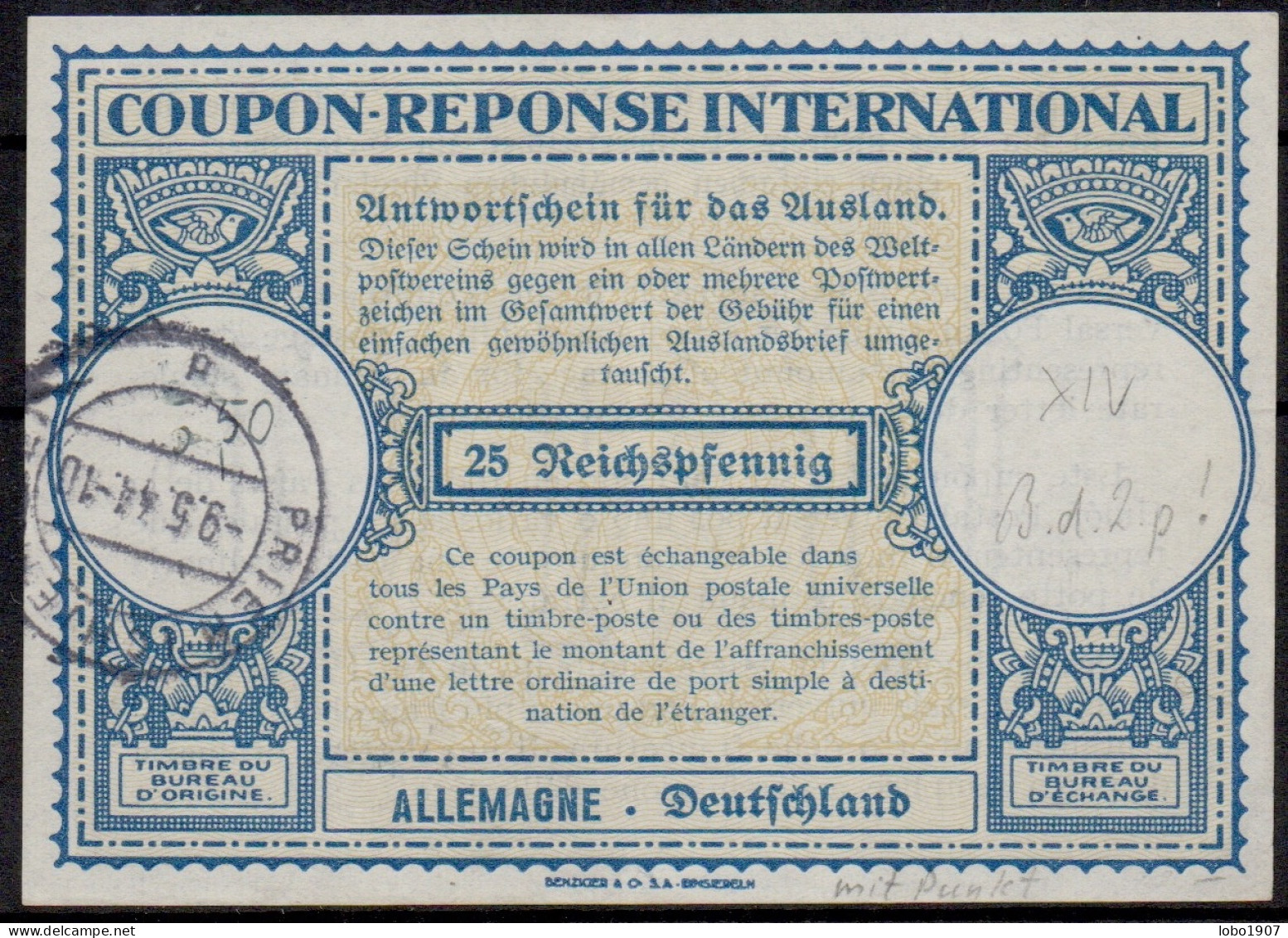 ALLEMAGNE DEUTSCHLAND  Very Rare Type Lo14p  25 Rpf.  Reply Coupon Reponse Antwortschein IRC IAS  PRIEN / CHIEMSEE 1944 - Sonstige & Ohne Zuordnung