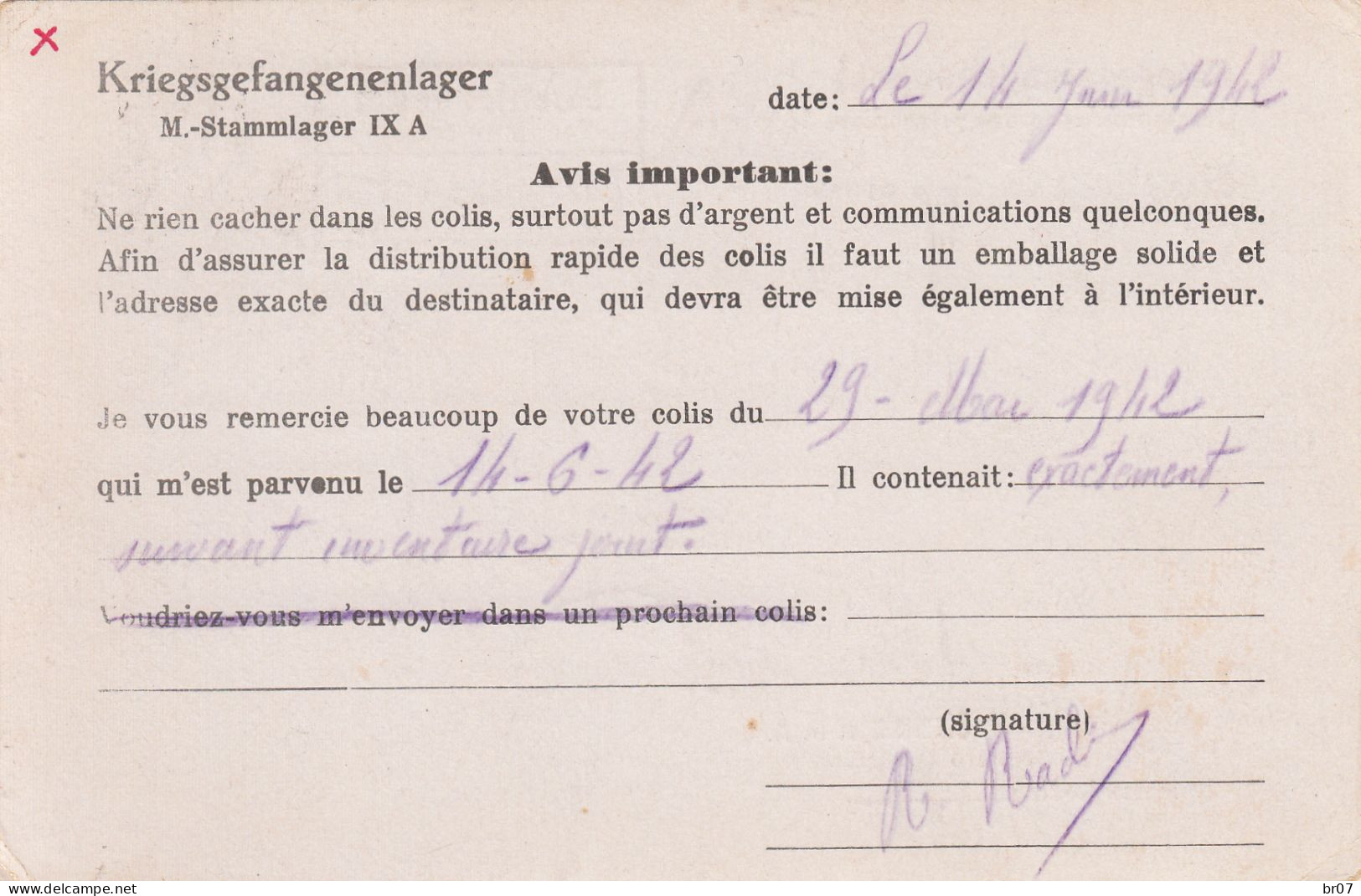 STALAG IXA = ZIEGENHAIN KASSEL CPFM PRISONNIER 1942 AVIS DE RECEPTION COLIS - WW II