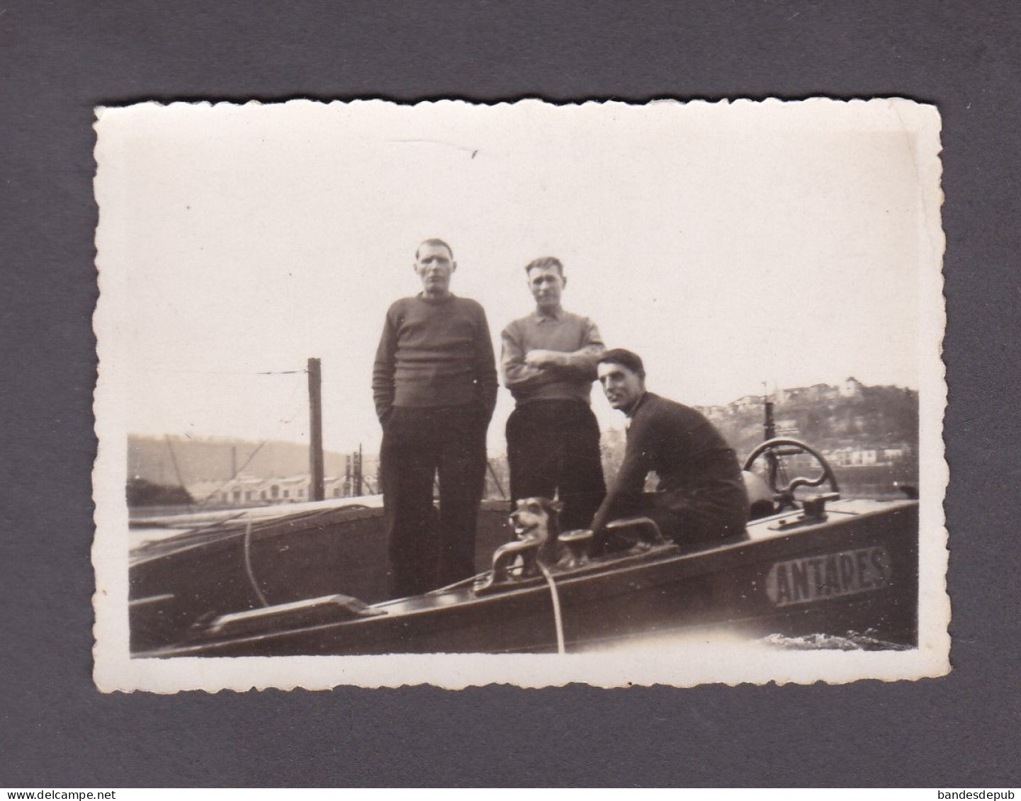 Photo Originale Vintage Snapshot Batellerie Peniche Antares Bateliers Chien   52938 - Boats