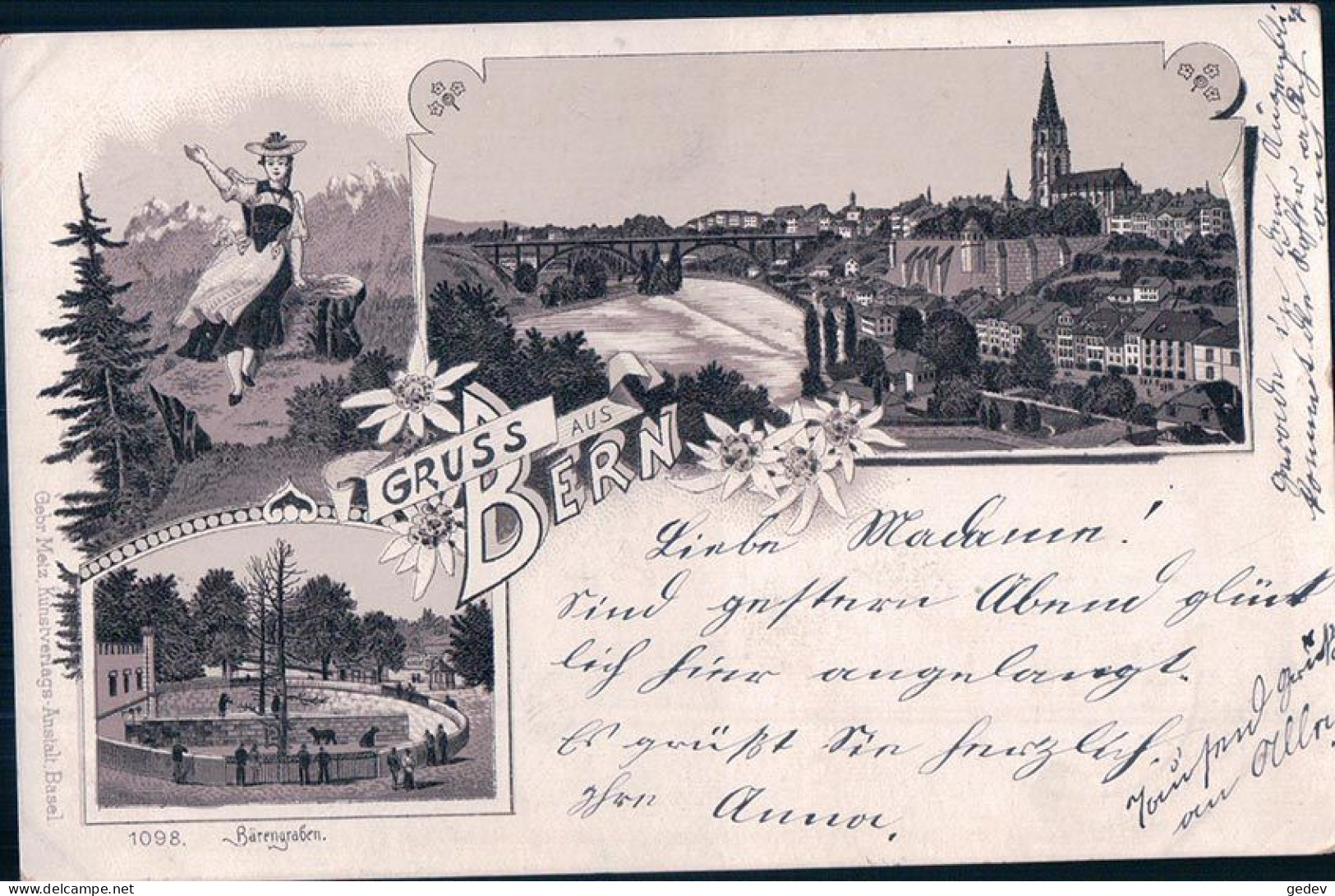 Gruss Aus Bern, Edelweiss Et Costume, Litho 3 Vues (11.4.1899) - Bern