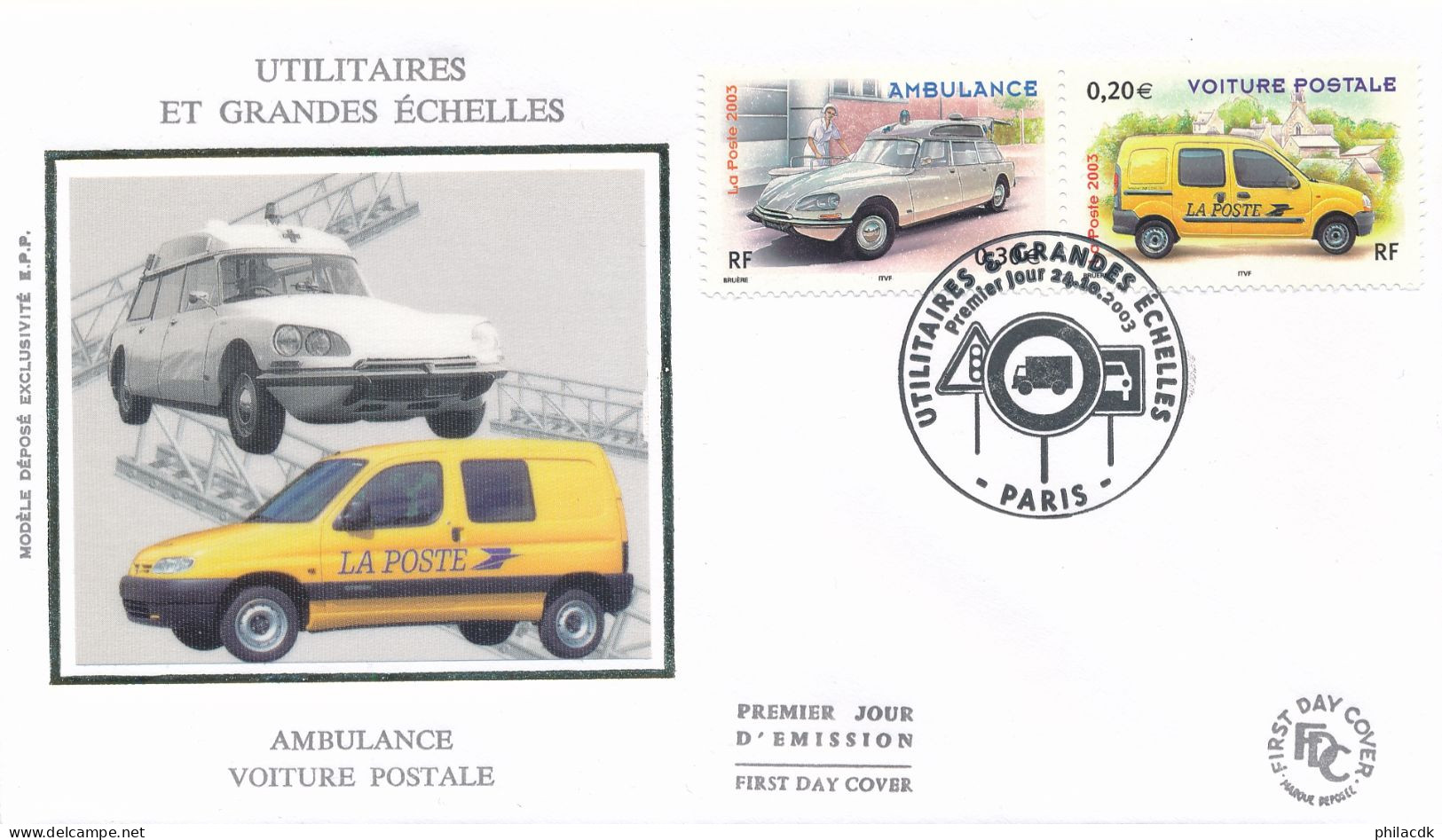 FRANCE - ENVELOPPE PREMIER JOUR AMBULANCE VOITURE POSTALE OBLITEREE PARIS DU 24 OCTOBRE 2003 - 2000-2009