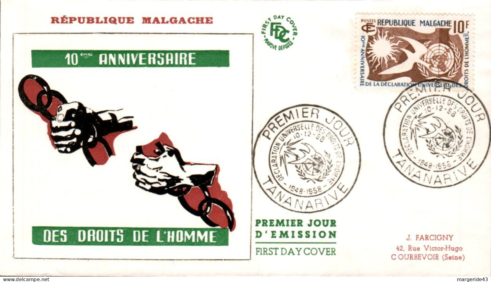 MADAGASCAR FDC 1958 10 ANS DROITS DE L'HOMME - Madagascar (1960-...)