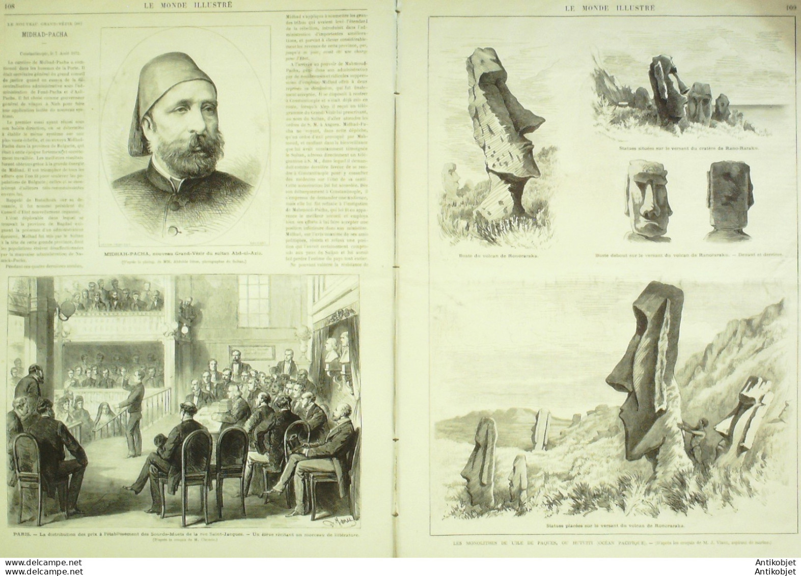 Le Monde Illustré 1872 N°802 Turquie Midhad-Pacha Vézir Septmoncel (40) Hutuiti île De Pâques - 1850 - 1899